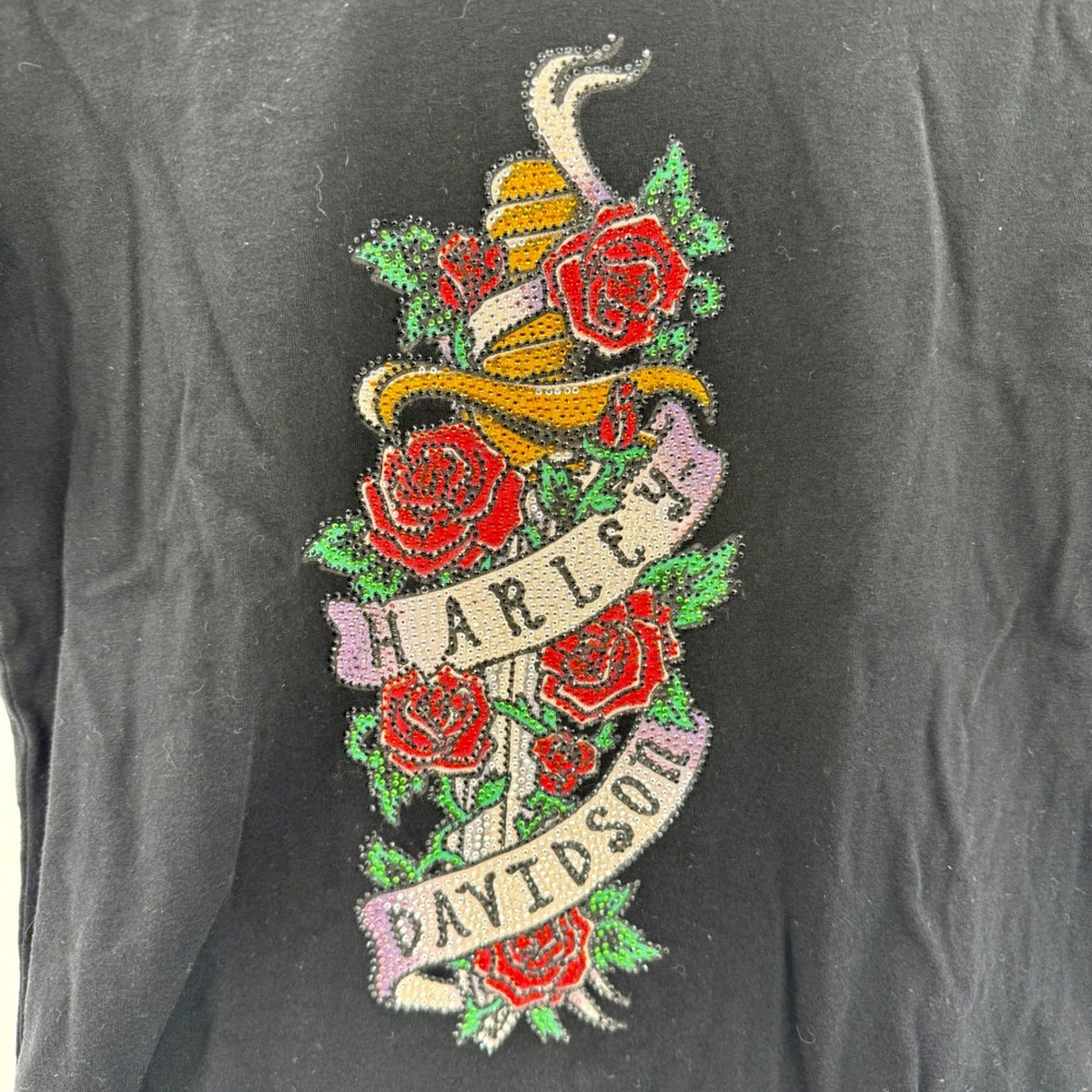 Harley Davidson Womens Black‎ Rhinestone Rose Dagger T-Shirt Large Made in USA - Picture 3 of 8